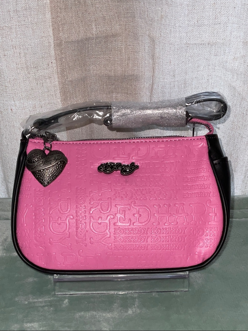 Ed Hardy Pink Shoulder Bag with Black Trim & Heart Charm